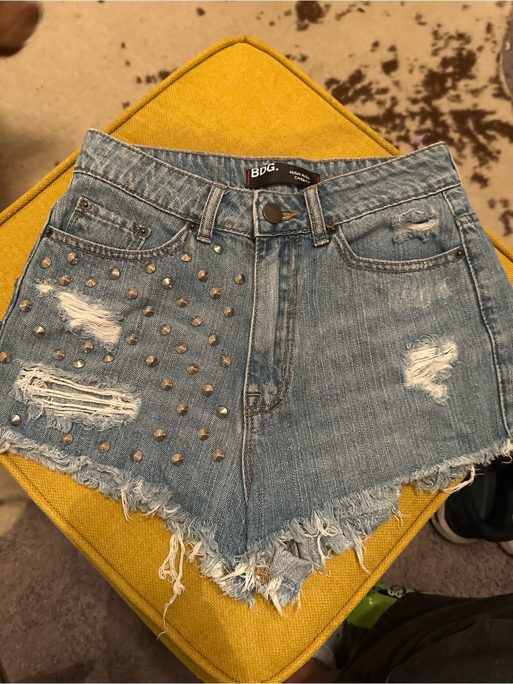 BDG Light Blue Studded Distressed Denim Shorts Sz 27 Jean  high rise cheeky